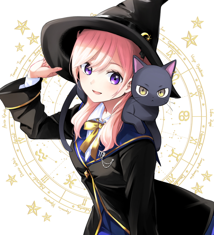 1girl animal_on_shoulder aquarius bangs black_cat black_headwear black_jacket blue_skirt bow brown_eyes cancer cat collared_shirt commentary_request crescent crescent_hat_ornament eyebrows_behind_hair gemini hair_between_eyes hand_on_headwear hand_up hat hat_ornament jacket natsupa original pink_hair pisces shirt simple_background skirt solo starry_background violet_eyes virgo white_background white_shirt witch witch_hat yellow_bow