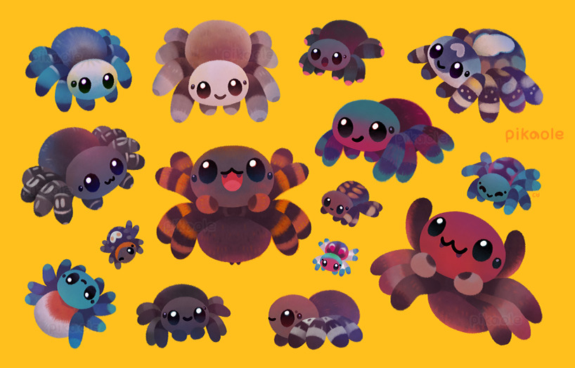 animal animal_focus arms_up artist_name black_eyes brown_eyes bug closed_eyes closed_mouth commentary english_commentary fangs heart looking_at_viewer no_humans one_eye_closed open_mouth original pikaole simple_background smile spider standing tarantula watermark yellow_background