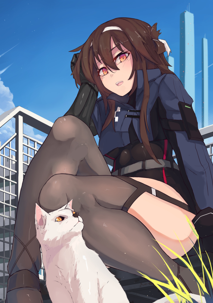 1girl animal_ears ao_homura arm_support armband belt black_leotard blue_jacket blue_sky brown_hair building cat cat_ears clouds cropped_jacket day from_below garter_straps girls_frontline grass head_rest headband jacket knee_up knees legs leotard looking_at_viewer mechanical_parts open_mouth orange_eyes outdoors prosthesis prosthetic_arm short_hair_with_long_locks sidelocks sitting sky solo stairs thighs tower type_79_(girls'_frontline)