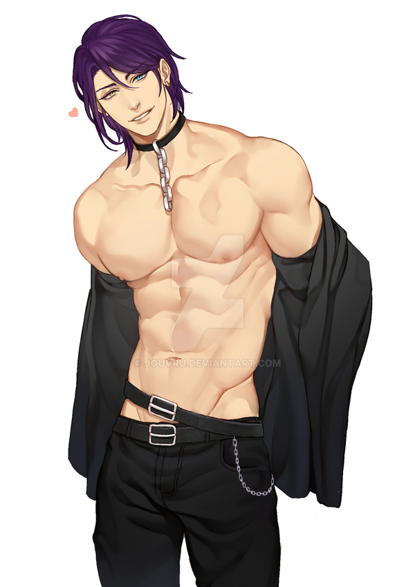 1boy abs bare_pectorals belt biceps blue_eyes chain collar heart heterochromia jacket jacket_partially_removed jouvru large_pectorals looking_at_viewer male_focus muscular muscular_male navel nipples original pants pectoral_cleavage pectorals purple_hair smile topless topless_male yellow_eyes
