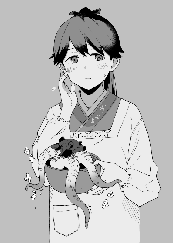 1girl apron bangs banned_artist blush bowl enemy_naval_mine_(kancolle) flying_sweatdrops greyscale hair_between_eyes hair_ribbon hand_on_own_cheek hand_on_own_face holding houshou_(kancolle) japanese_clothes kantai_collection kappougi long_hair long_sleeves makio_(makiomeigenbot) monochrome parted_lips ponytail ribbon sweat tentacles upper_body