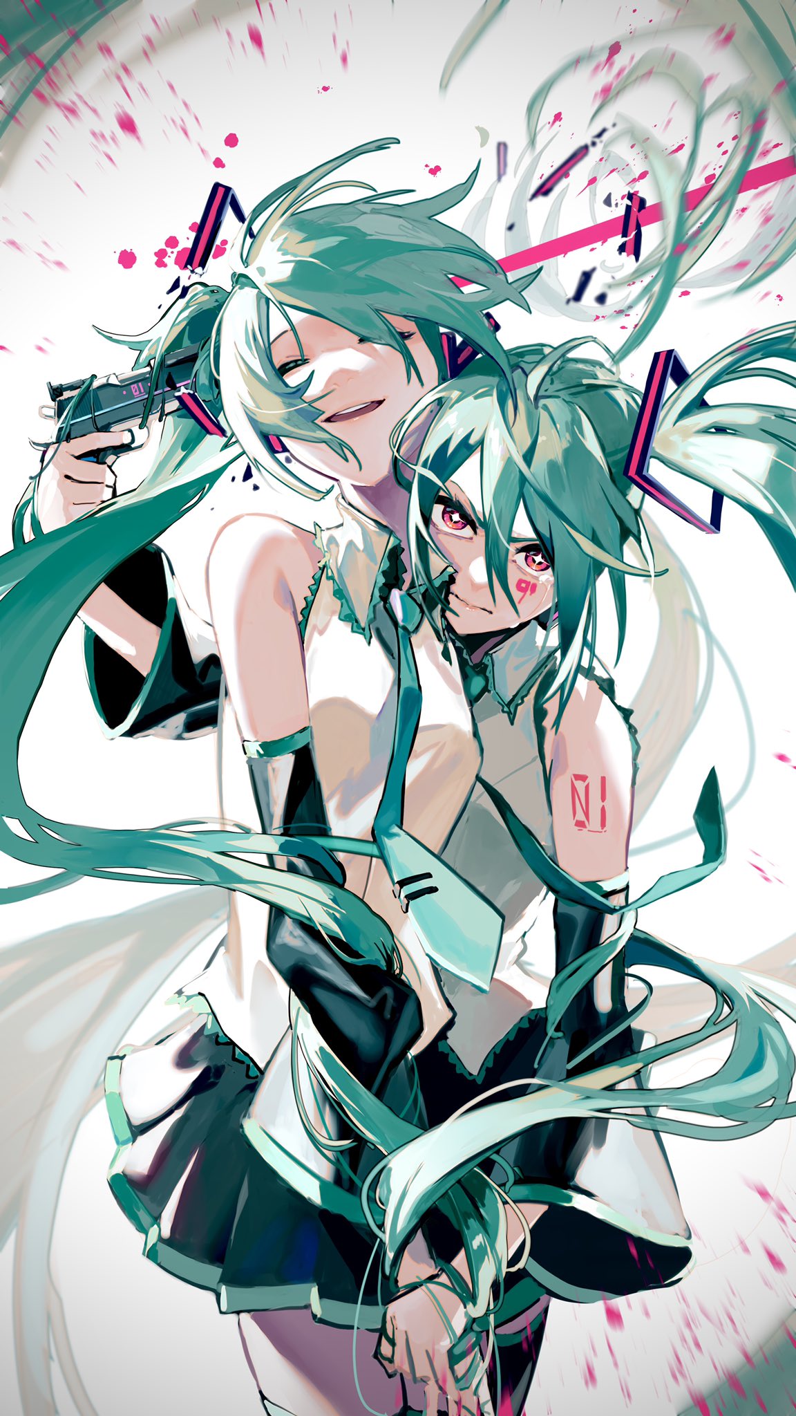 aqua_hair bare_shoulders black_skirt breasts closed_eyes closed_mouth detached_sleeves gun hair_between_eyes hatsune_miku highres holding holding_gun holding_weapon jiuyesang long_hair looking_at_viewer murder open_mouth pleated_skirt red_eyes shirt skirt sleeveless sleeveless_shirt small_breasts tattoo very_long_hair vocaloid weapon white_shirt