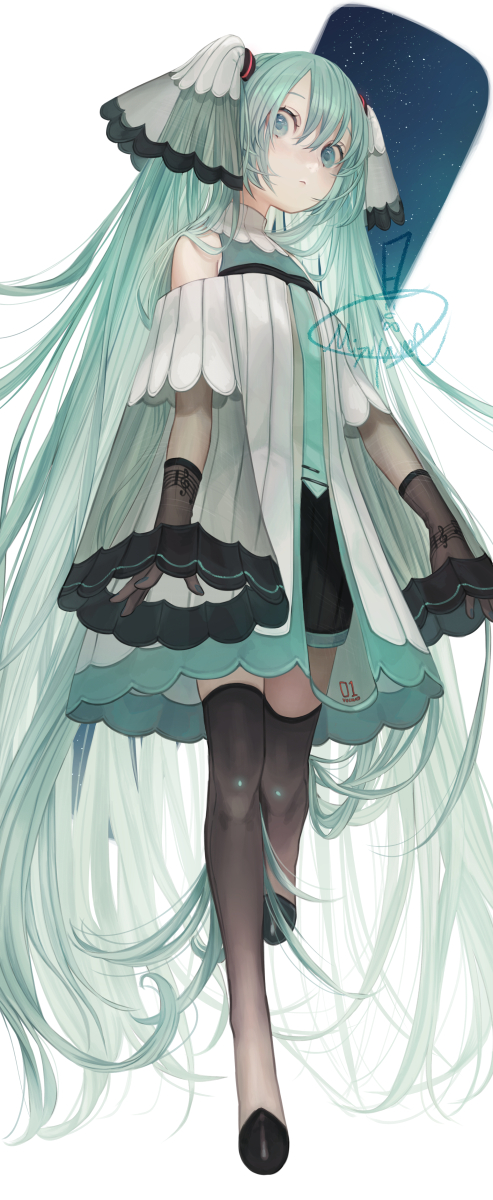 1girl adapted_costume aqua_eyes aqua_hair aqua_nails aqua_necktie arms_at_sides bare_shoulders black_footwear black_gloves black_legwear closed_mouth dress eyelashes fingernails flat_chest full_body gloves hatsune_miku high_collar highres knees_together_feet_apart long_hair looking_at_viewer mizutame_tori musical_note musical_note_print necktie off-shoulder_dress off_shoulder pleated_dress see-through_legwear see-through_sleeves sheer_gloves shoes sideways_glance simple_background solo staff_(music) standing standing_on_one_leg straight_hair tareme thigh-highs treble_clef twintails very_long_hair vocaloid white_background wide-eyed wide_sleeves zettai_ryouiki