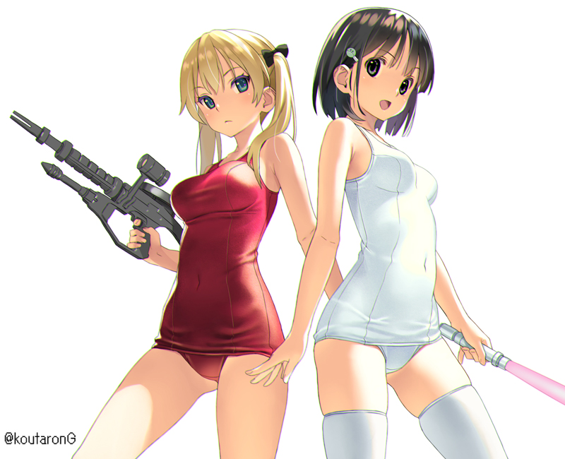 2girls :d bare_arms bare_shoulders black_bow black_hair blonde_hair blue_eyes bow breasts closed_mouth commentary_request covered_navel grey_eyes gun hair_bow hair_ornament hairclip holding holding_gun holding_weapon koutaro looking_at_viewer medium_breasts multiple_girls old_school_swimsuit one-piece_swimsuit original red_swimsuit school_swimsuit simple_background smile swimsuit thigh-highs twintails weapon weapon_request white_background white_legwear white_swimsuit