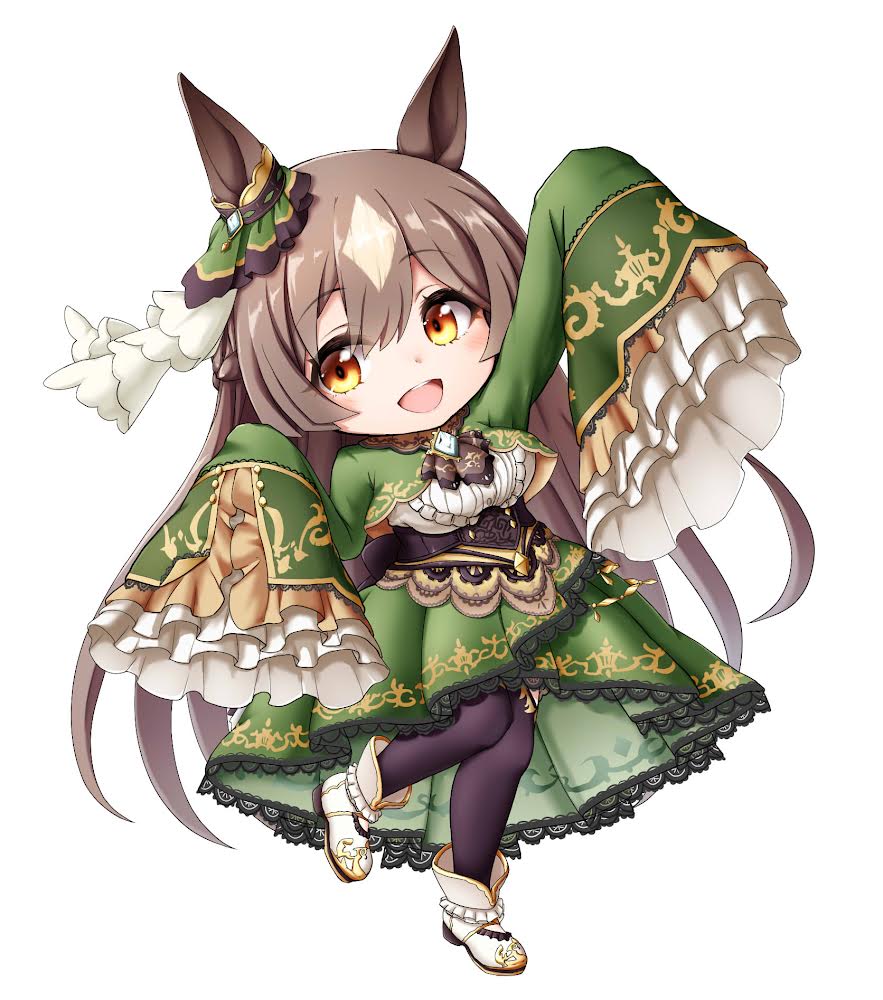 1girl :d animal_ears arm_up bangs black_legwear boots breasts brown_eyes brown_hair center_frills chibi eyebrows_visible_through_hair frills full_body green_jacket green_skirt hair_between_eyes hand_up horse_ears horse_girl horse_tail jacket kuena large_breasts long_hair long_sleeves looking_at_viewer multicolored_hair pleated_skirt satono_diamond_(umamusume) shirt simple_background skirt sleeves_past_fingers sleeves_past_wrists smile solo standing standing_on_one_leg tail thigh-highs thighhighs_under_boots two-tone_hair umamusume very_long_hair white_background white_footwear white_hair white_shirt wide_sleeves