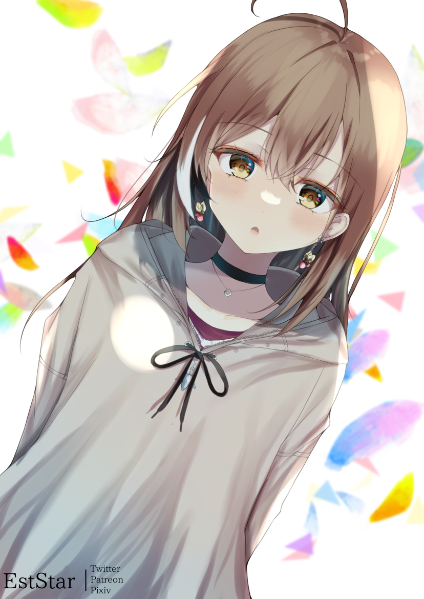 1girl ahoge arms_behind_back aties20 black_choker blurry blurry_background brown_eyes brown_hair choker collarbone commentary_request depth_of_field drawstring dutch_angle earrings grey_hoodie hair_between_eyes hololive hololive_english hood hood_down hoodie jewelry long_hair looking_at_viewer multicolored_hair nanashi_mumei simple_background solo streaked_hair upper_body virtual_youtuber white_background white_hair