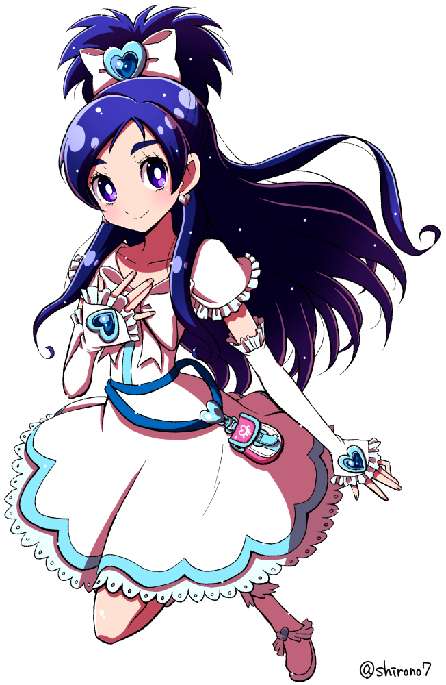 1girl blue_eyes commentary_request cure_white detached_sleeves dress earrings eyelashes futari_wa_precure half_updo happy heart heart_earrings jewelry leg_warmers long_hair looking_at_viewer magical_girl ponytail precure shirono simple_background smile solo twitter_username violet_eyes white_background white_dress white_legwear yukishiro_honoka