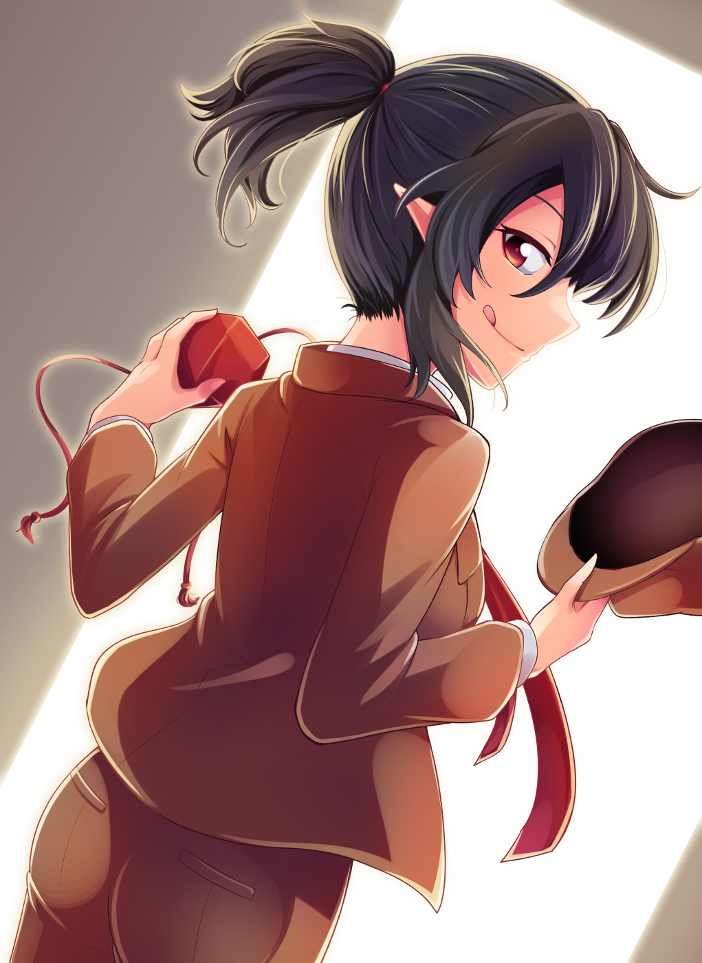 1girl ashiroku_(miracle_hinacle) ass black_hair breasts brown_headwear brown_jacket brown_shorts cabbie_hat closed_mouth cowboy_shot dutch_angle flat_cap hair_tie hat highres holding holding_clothes holding_hat jacket long_sleeves looking_at_viewer looking_back medium_breasts necktie no_wings pointy_ears ponytail red_eyes red_headwear red_necktie red_ribbon ribbon shameimaru_aya shameimaru_aya_(newsboy) shirt short_ponytail shorts suit_jacket tassel tokin_hat tongue tongue_out touhou white_shirt