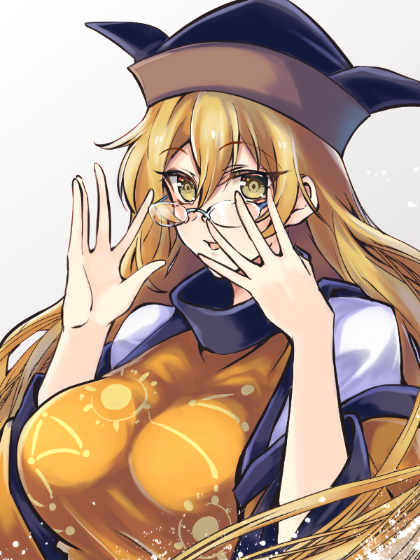 1girl black_headwear blonde_hair breasts brown_headwear constellation constellation_print eyebrows_visible_through_hair glasses kurokan_(kokkyou_oudan) large_breasts long_hair looking_at_viewer matara_okina open_mouth orange_sleeves simple_background smile solo sun_symbol tabard touhou white_background wide_sleeves yellow_eyes