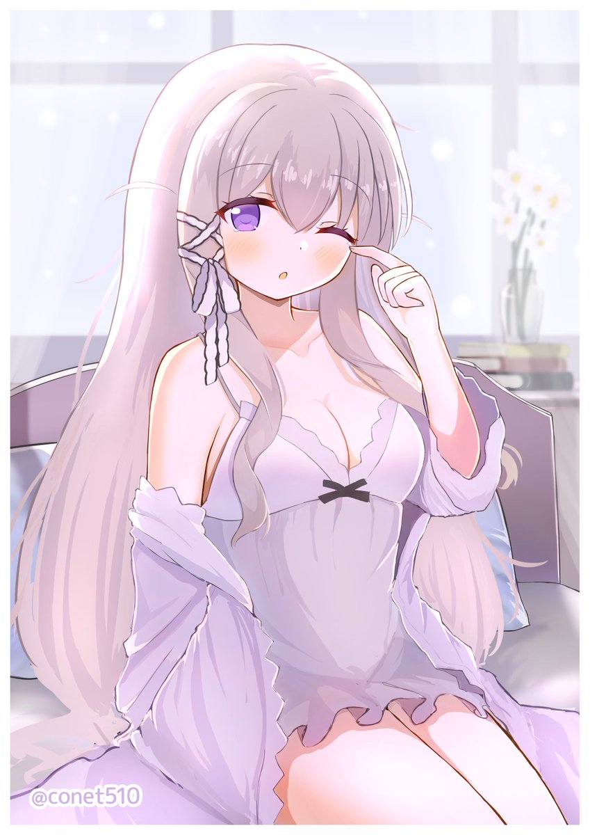 1girl :o apartment azur_lane bare_shoulders black_ribbon blurry blurry_background breasts conet510 eyebrows_visible_through_hair flower grey_hair hair_ornament heterochromia highres jacket long_hair murmansk_(azur_lane) murmansk_(sceneries_of_pure_snow)_(azur_lane) nightgown official_alternate_costume one_eye_closed ribbon see-through signature solo thighs violet_eyes waking_up white_flower white_nightgown white_ribbon