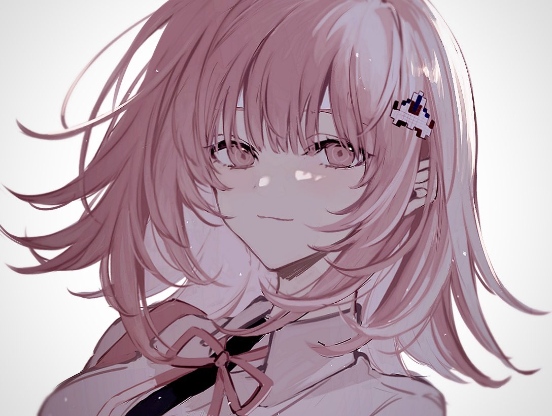 1girl bangs collared_shirt danganronpa_(series) danganronpa_2:_goodbye_despair galaga hair_ornament looking_at_viewer medium_hair nanami_chiaki neck_ribbon no_jacket nozz177 ribbon shiny shiny_hair shirt simple_background solo white_background