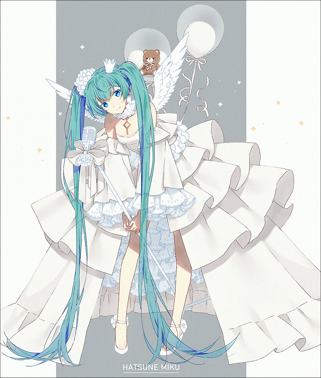 1girl angel_wings ankle_flower ankle_strap balloon bare_legs bare_shoulders beads bent_over blue_eyes blue_hair breasts character_name choker closed_mouth colored_eyelashes crown detached_sleeves diamond_(gemstone) doily dot_nose dress eyebrows_visible_through_hair feathered_wings feathers flower frilled_choker frills full_body grey_background hair_between_eyes hair_flower hair_ornament hakusai_(tiahszld) hatsune_miku head_tilt high_heels highres holding holding_microphone_stand jewelry layered_dress layered_sleeves legs_apart long_dress long_hair looking_at_viewer microphone microphone_stand mini_crown mini_wings pendant_choker see-through small_breasts smile solo sparkle standing straight_hair strapless strapless_dress stuffed_animal stuffed_toy teddy_bear translucent_hair twintails two-tone_background very_long_hair vocaloid white_background white_dress white_flower white_footwear white_sleeves white_wings wide_sleeves wings
