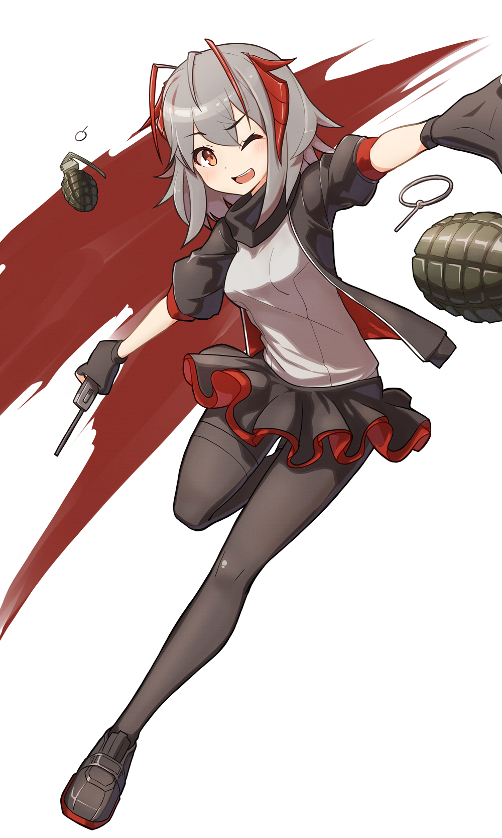 1girl ;d arknights black_legwear black_skirt breasts commentary detonator explosive eyebrows_visible_through_hair fingerless_gloves frilled_skirt frills full_body gloves grenade grenade_pin grey_hair hair_between_eyes highres holding horns jacket kirishima_naruse knee_up multicolored_hair one_eye_closed open_clothes open_jacket open_mouth outstretched_hand puffy_short_sleeves puffy_sleeves redhead short_hair short_sleeves simple_background skirt smile solo standing standing_on_one_leg teeth two-tone_background two-tone_hair upper_teeth w_(arknights) white_background