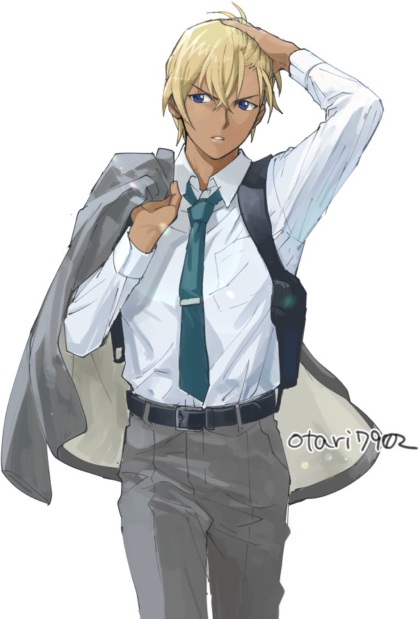 1boy amuro_tooru arm_up bangs belt black_belt blonde_hair blue_eyes blue_necktie collared_shirt commentary grey_jacket grey_pants hair_between_eyes hand_on_own_head holding holding_clothes holding_jacket indesign jacket jacket_over_shoulder jacket_removed looking_at_viewer male_focus meitantei_conan necktie pants parted_lips shirt shirt_tucked_in short_hair signature simple_background solo standing white_background white_shirt