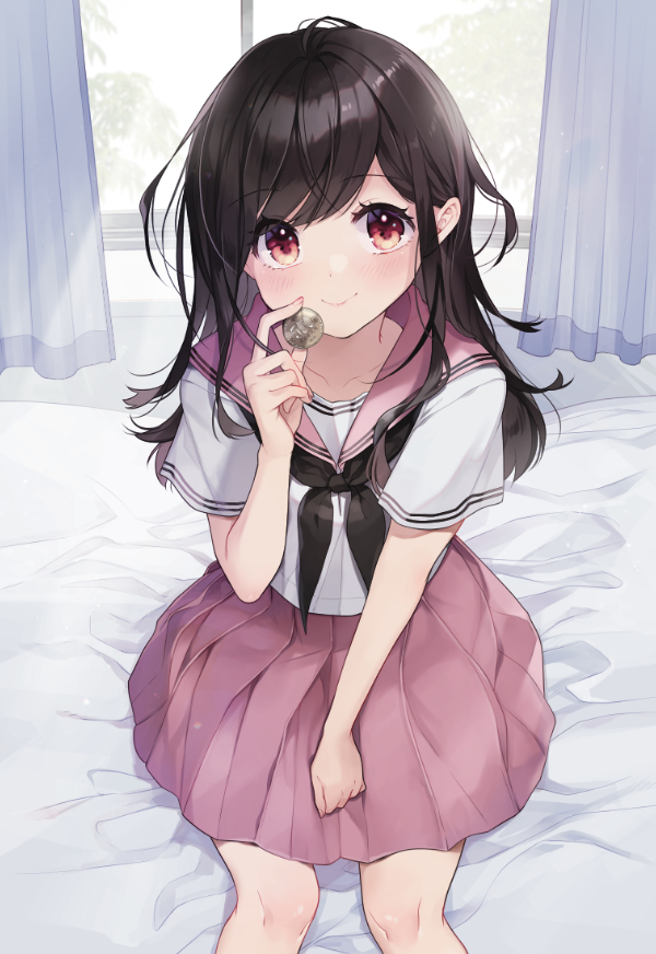 1girl black_bow black_bowtie black_hair blush bow bowtie clip_studio_paint_(medium) closed_mouth coin copyright_request curtains holding holding_coin holding_money indoors long_hair looking_at_viewer money official_art on_bed orange_eyes pink_sailor_collar pink_serafuku pink_skirt pleated_skirt sailor_collar sailor_shirt school_uniform serafuku shirt sitting sitting_on_bed skirt smile solo sunlight uniform white_curtains window yukiko_(tesseract)