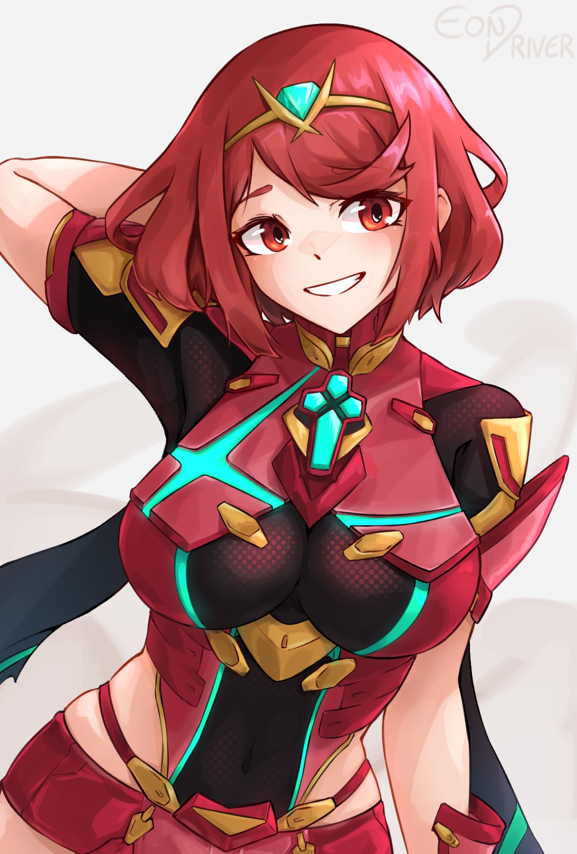 1girl arm_behind_head artist_name bangs bob_cut breasts eondriver grin highres looking_at_viewer open_mouth pyra_(xenoblade) red_eyes redhead short_hair short_sleeves smile solo teenage teeth tiara xenoblade_chronicles_(series) xenoblade_chronicles_2