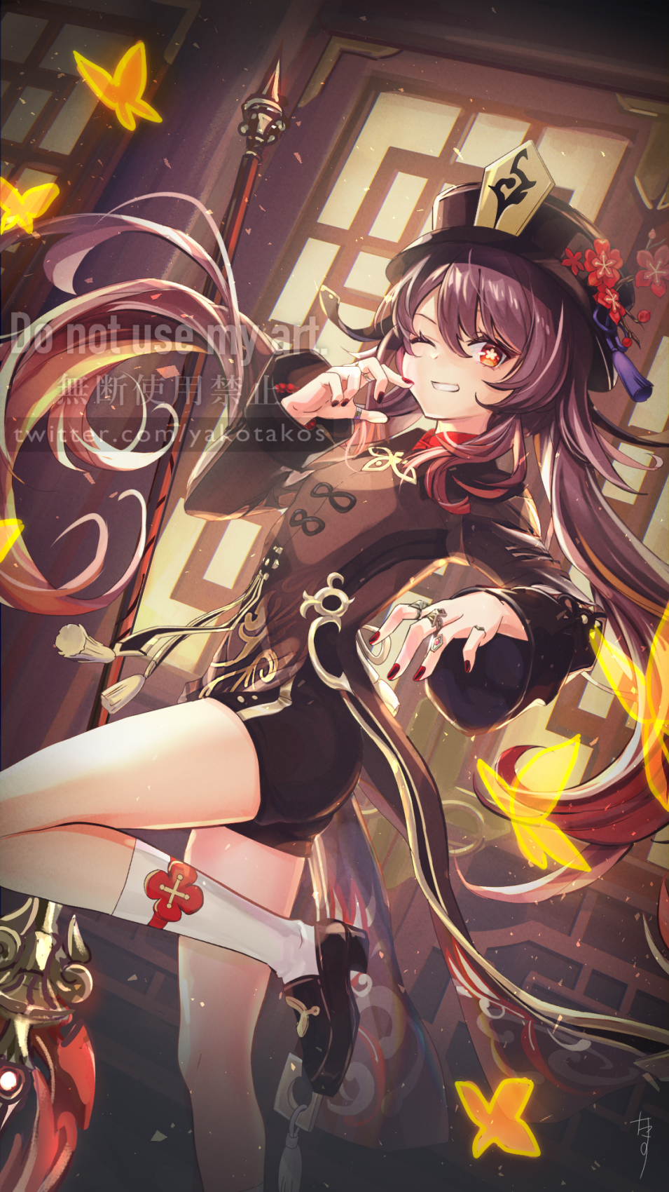 1girl aratakosu_(tako's) black_footwear black_headwear black_jacket black_shorts breasts brown_hair bug butterfly chinese_clothes coattails commentary eyelashes flower flower-shaped_pupils foot_out_of_frame genshin_impact gold_trim grin hair_between_eyes hat hat_flower highres hu_tao_(genshin_impact) jacket jewelry knee_up long_hair looking_at_viewer multicolored_hair multiple_rings nail_polish one_eye_closed plum_blossoms polearm porkpie_hat red_eyes red_nails red_shirt redhead ring shirt shoes short_shorts shorts signature small_breasts smile socks solo spear standing standing_on_one_leg symbol-shaped_pupils tangzhuang tassel thighs twintails twitter_username two-tone_hair watermark weapon web_address white_legwear