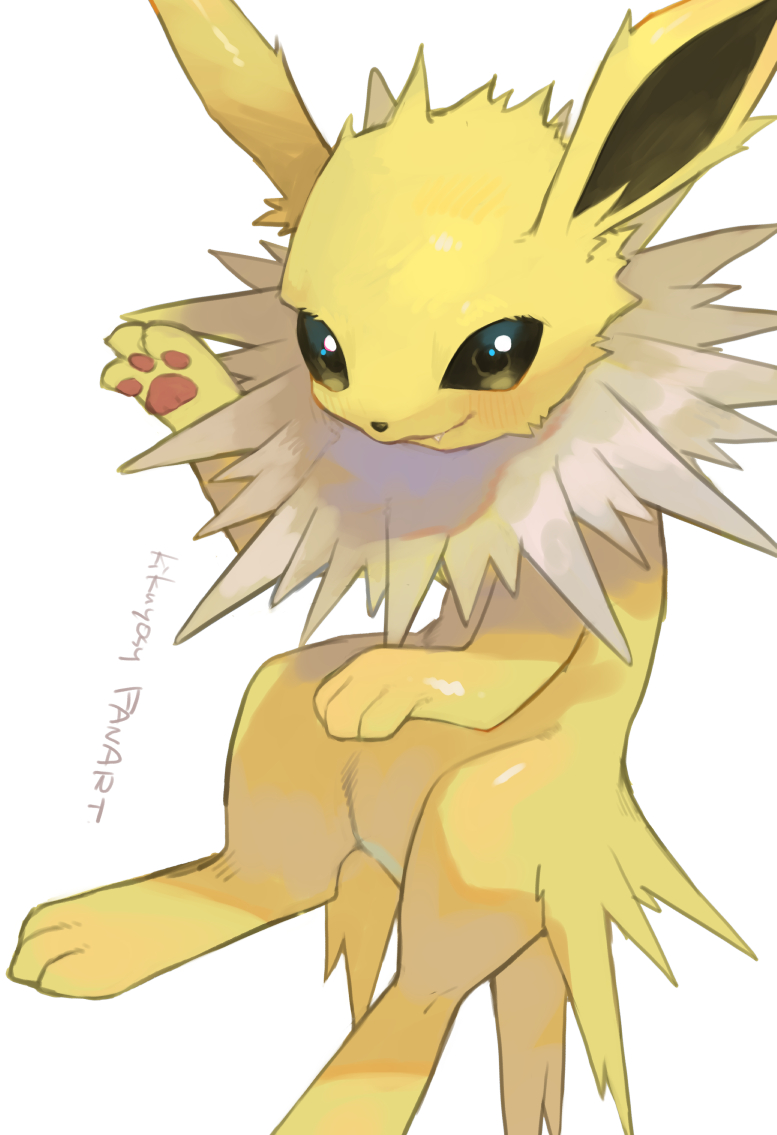 artist_name closed_mouth commentary fang fang_out jolteon kikuyoshi_(tracco) looking_at_viewer no_humans pokemon pokemon_(creature) shiny signature simple_background smile solo white_background yellow_fur