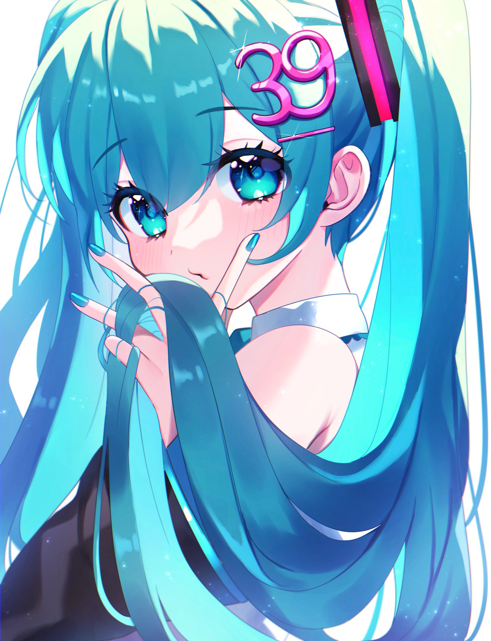 1girl 39 bare_shoulders black_sleeves blue_eyes blue_hair blue_nails collared_shirt detached_sleeves dot_nose eyebrows_visible_through_hair eyelashes fingernails glint hair_between_eyes hair_ornament hair_strand hairclip hand_up hatsune_miku highres holding holding_hair light_blush light_particles long_eyelashes long_hair number_hair_ornament puckered_lips shiny shiny_hair shirt simple_background solo ste_sou25 straight_hair tareme twintails very_long_hair vocaloid white_background white_shirt