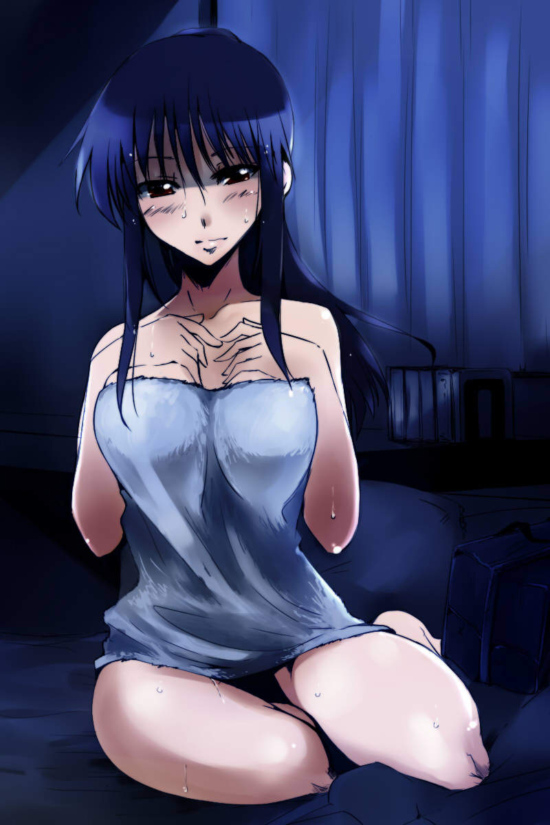 bed black_hair blue_hair blush breast_suppress breasts brown_eyes cosaten highres long_hair naked_towel school_rumble solo suou_mikoto sweat towel wet