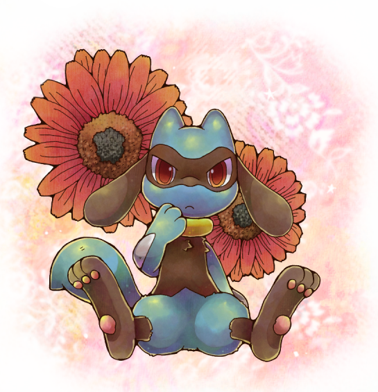 flower m-mi nintendo no_humans on_ground pokemon pokemon_(creature) riolu sitting