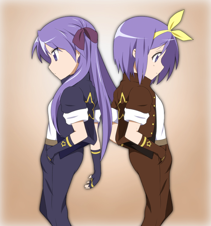 blue_hair cosplay face fingerless_gloves gloves hand_in_pocket hiiragi_kagami hiiragi_tsukasa ikari_manatsu jacket king_of_fighters kusanagi_kyou kusanagi_kyou_(cosplay) long_hair lucky_star profile purple_hair short_hair siblings sisters twintails