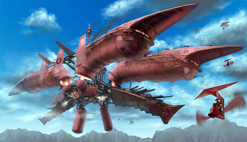 airship akatsuhara_empire cannon flying noba pixiv pixiv_fantasia pixiv_fantasia_3 sky steampunk