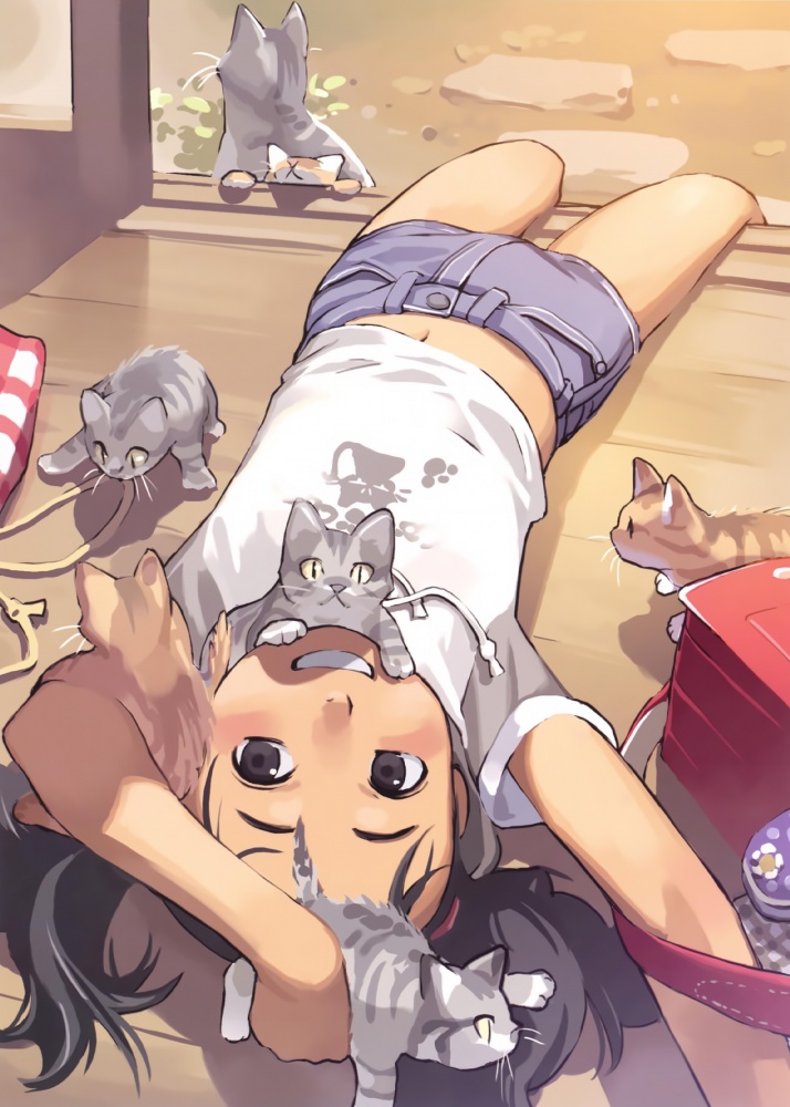 arms_up cat comic_lo flat_chest loli long_hair lying midriff navel on_back shorts smile twintails