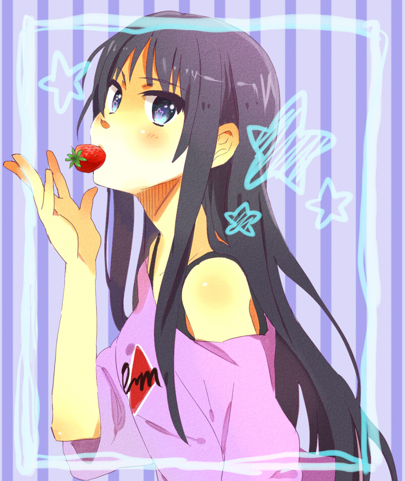 akiyama_mio bad_id black_hair blue_eyes casual food fruit k-on! karuha listen!! long_hair solo strawberry