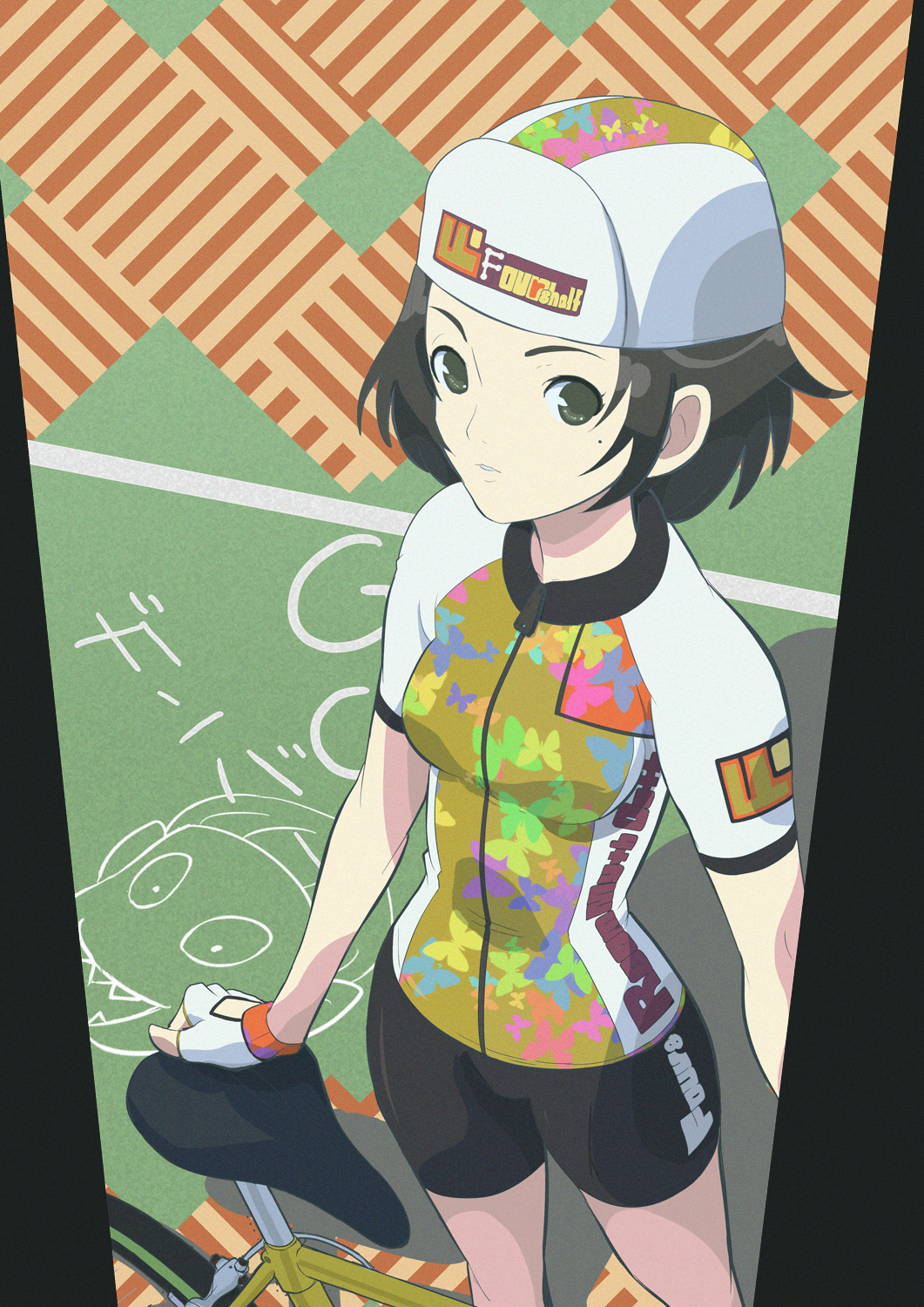 akashi bee-j1 bicycle bike_shorts black_eyes black_hair hat highres mole raglan_sleeves solo yojouhan_shinwa_taikei