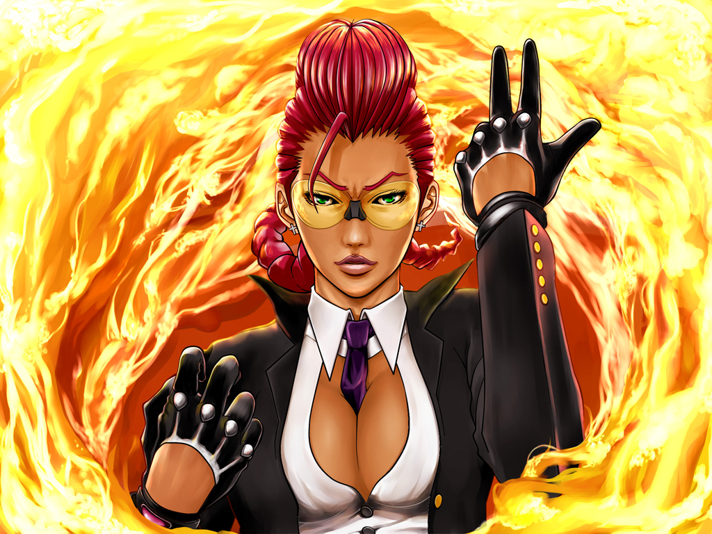 arm_up between_breasts braid breasts cleavage cleavage_cutout crimson_viper dark_skin earrings fighting_stance fire formal glasses gloves green_eyes jewelry necktie pompadour red_hair redhead single_braid solo street_fighter street_fighter_iv suit sunglasses tasuke00
