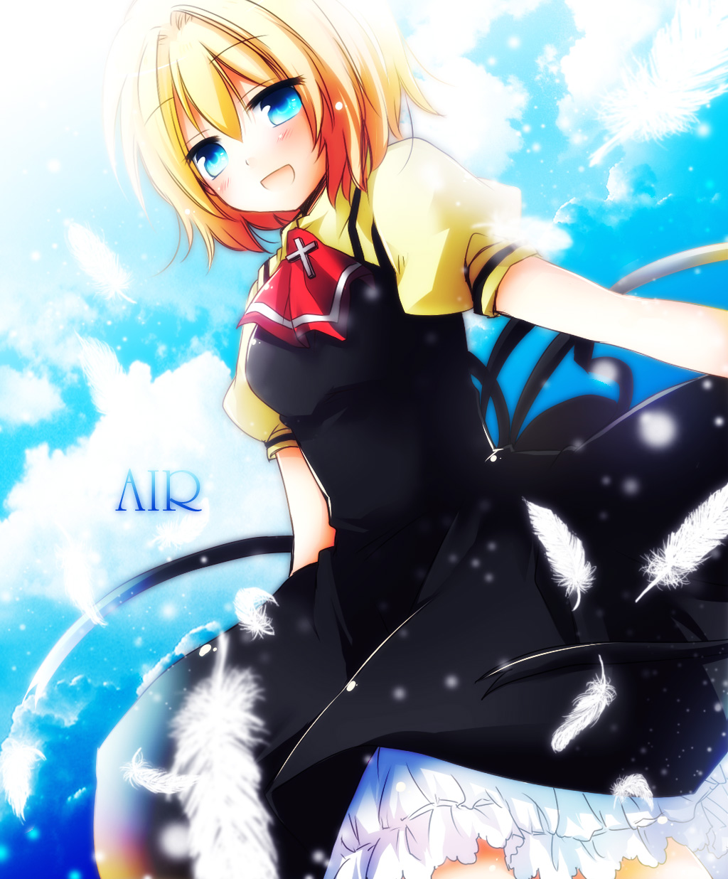 aplerichi blonde_hair blue_eyes feathers highres kamio_misuzu school_uniform short_hair spoilers