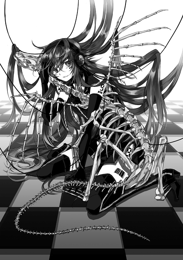 checkered elbow_gloves gloves headphones monochrome original skeleton solo ta_eiko taeko_(tao) thigh-highs thighhighs