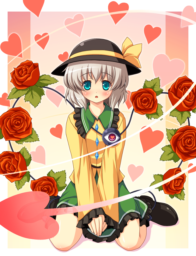 flower green_eyes hat heart komeiji_koishi open_eyes rose short_hair silver_hair solo touhou yamasan