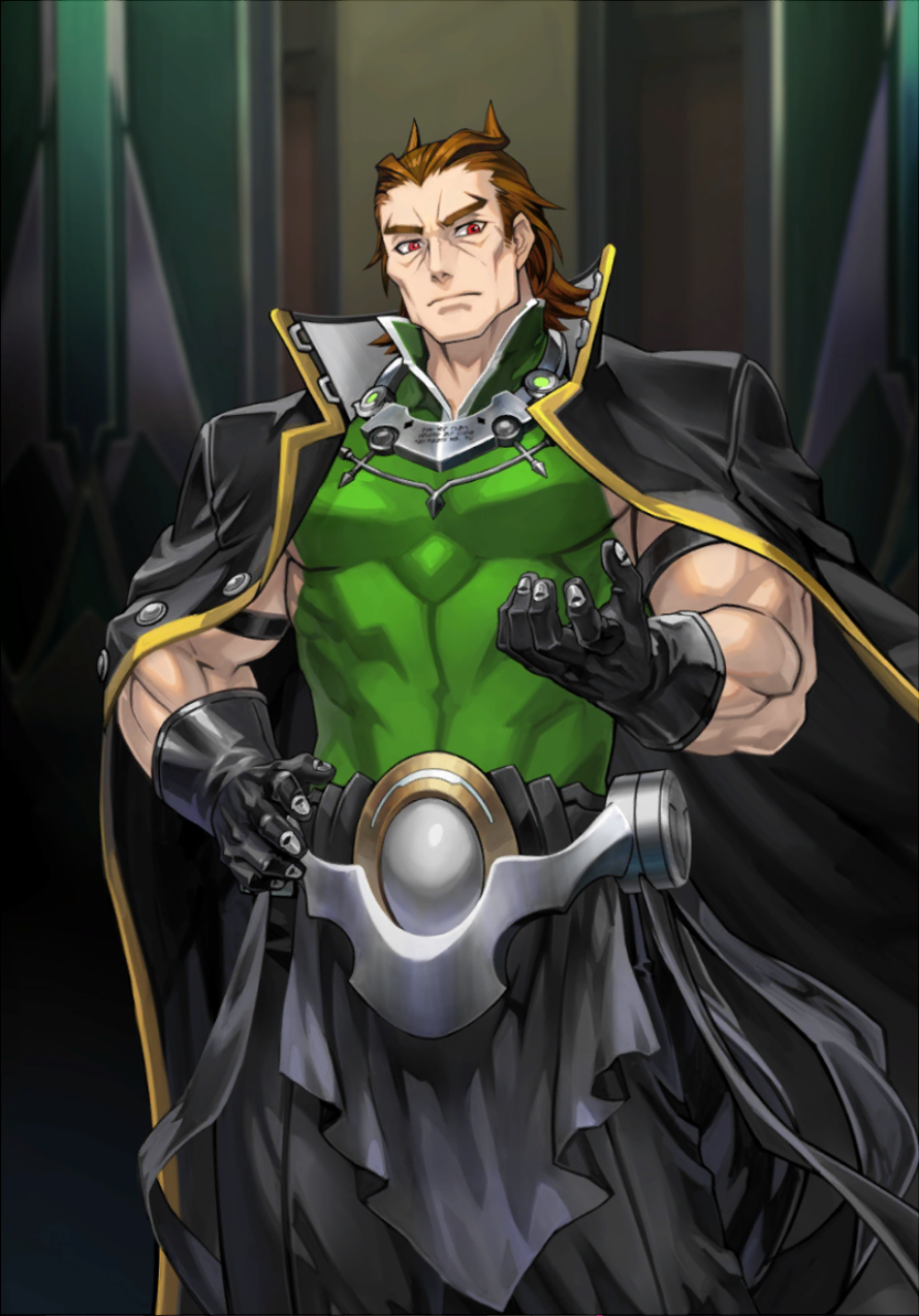 1boy abs artist_request belt_buckle blazblue blazblue_alternative:_dark_war brown_hair buckle cape drei_(xblaze_code:_embryo) gloves green_tank_top hair_pulled_back hair_slicked_back highres jacket jacket_on_shoulders looking_at_viewer male_focus muscular muscular_male official_art red_eyes solo tank_top third-party_source xblaze xblaze_code:_embryo