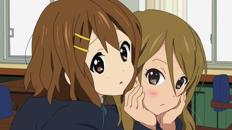 blush brown_eyes brown_hair classroom extra hair_ornament hairclip hands_on_own_face hirasawa_yui k-on! light_brown_hair long_hair multiple_girls p_sketch porinkii school_uniform short_hair tachibana_himeko