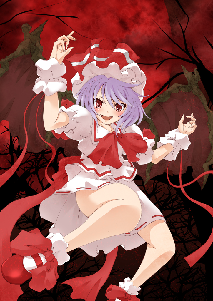 hat lavender_hair red_eyes remilia_scarlet short_hair solo tamo_space thighs touhou wings