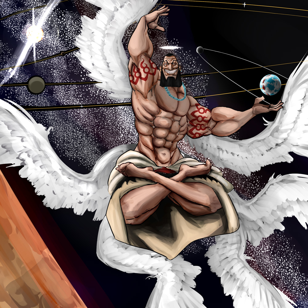 1boy beard epic facial_hair male manly moon one_piece planet shirtless solo space star urouge wings