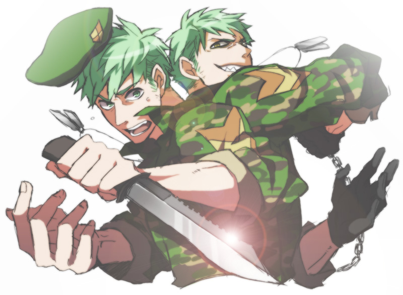 beret chain chains dog_tags dogtags dual_persona fatigues flippy green_eyes green_hair happy_tree_friends hat knife kurara male military military_uniform personification uniform