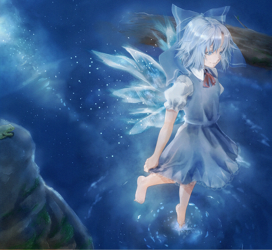 bad_id blue_eyes blue_hair bow cirno hair_bow kolo_(korukori) short_hair solo touhou wings