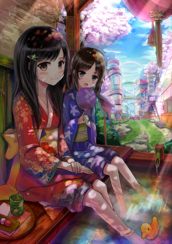 akabane_(zebrasmise) akebane barefoot black_hair blush brown_eyes brown_hair cherry_blossoms child fan feet_in_water flat_chest floral_print hair_ornament hairclip japanese_clothes kimono legs long_hair multiple_girls obi open_mouth original rubber_duck short_hair sitting smile soaking_feet sunbeam sunlight twintails water