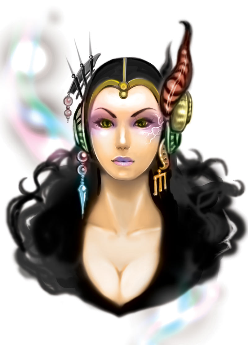 cleavage earrings edea_kramer eyeshadow female final_fantasy final_fantasy_viii gold_(pixiv860970) headdress purple_lips solo yellow_eyes