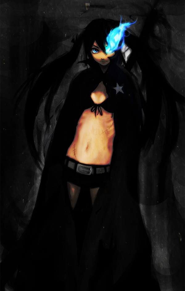 black_hair black_rock_shooter black_rock_shooter_(character) blue_eyes coat dark glowing glowing_eyes long_hair midriff navel s-kan scar shorts solo twintails