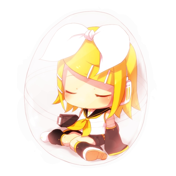 chibi closed_eyes egg hair_ornament hair_ribbon hairclip headphones kagamine_rin oharu ribbon short_hair simple_background sitting sleeping solo tail usb vocaloid