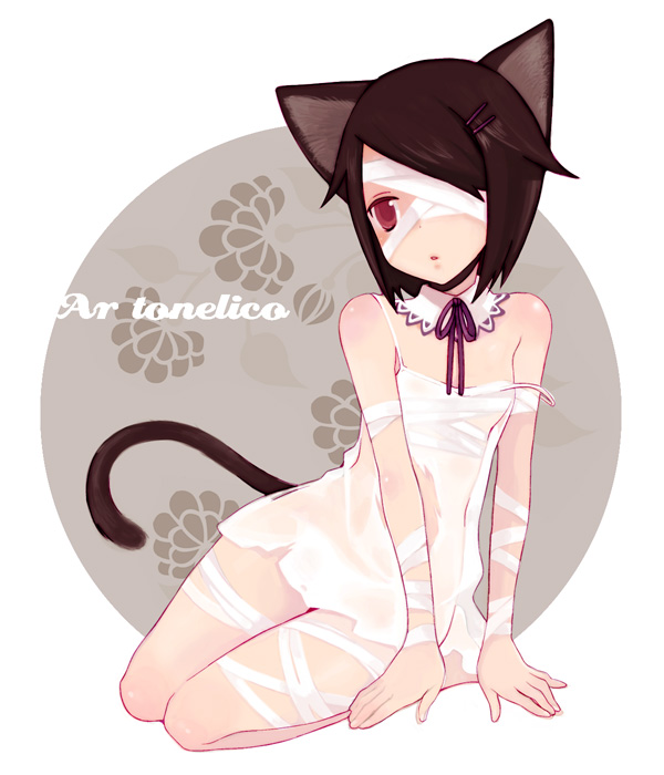 ar_tonelico ar_tonelico_iii bad_id bandage_over_one_eye bandages black_hair bow brown_eyes cat_ears cat_tail catgirl chemise dress filament gust hair_ornament hairclip kneeling masto nekomimi on_side red_eyes short_hair sitting skirt solo strap_slip tail torn_clothes