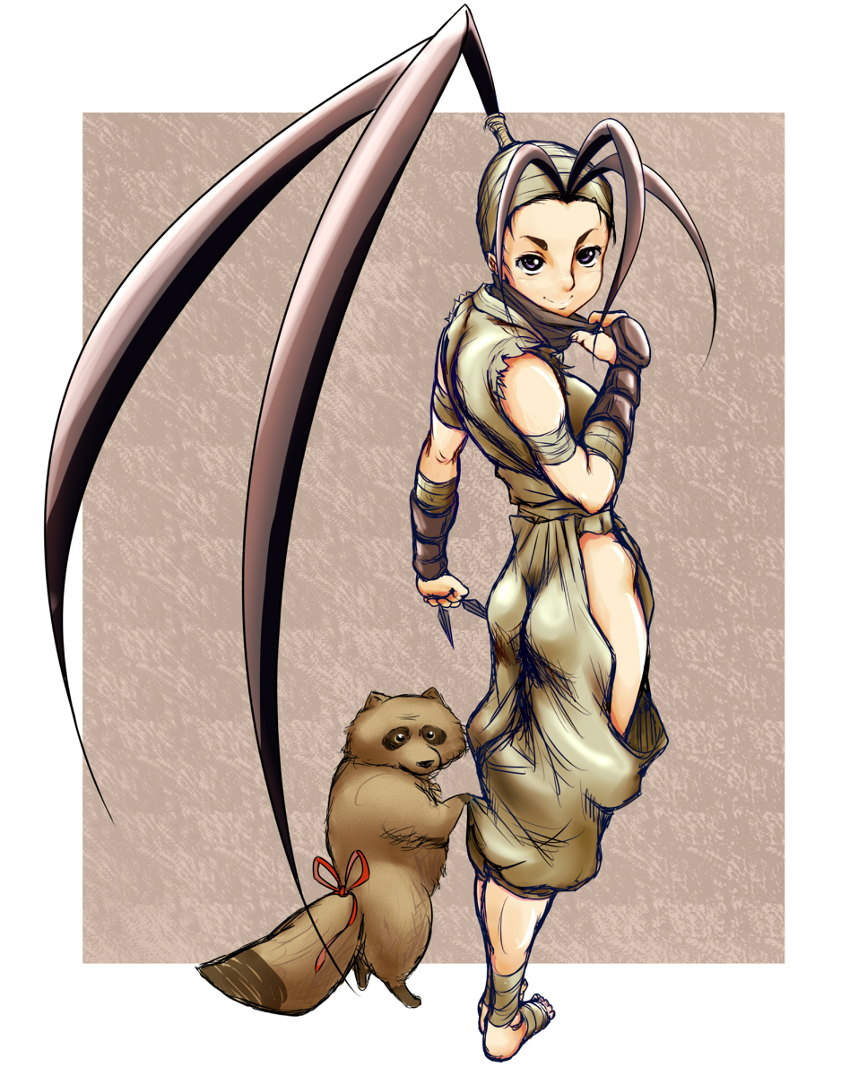 ass barefoot black_eyes black_hair capcom don_(street_fighter) feet gohandesu_yo highres ibuki kunai long_hair looking_back ninja ponytail sketch smile street_fighter tanuki toeless_socks weapon