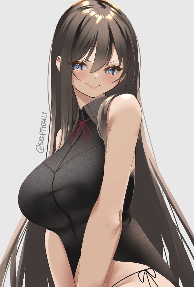 1girl bare_arms black_dress black_panties blue_eyes blush breasts brown_hair closed_mouth collared_dress commentary dress english_commentary grey_background large_breasts long_hair looking_at_viewer neck_ribbon original panties red_ribbon ribbon side-tie_panties simple_background skeptycally sleeveless sleeveless_dress smile solo twitter_username underwear upper_body