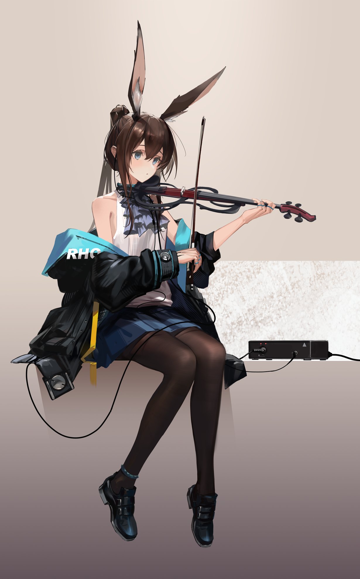 1girl amiya_(arknights) animal_ear_fluff animal_ears anklet arknights ascot bare_shoulders black_coat black_footwear blue_eyes blue_skirt blush brown_hair brown_legwear closed_mouth clothes_writing coat collarbone earphones full_body highres instrument jewelry long_sleeves miniskirt multiple_rings music off_shoulder open_clothes open_coat oripathy_lesion_(arknights) pantyhose playing_instrument ponytail purple_ascot rabbit_ears ren_(gh) ring shirt shoes sidelocks sitting skirt solo violin white_shirt