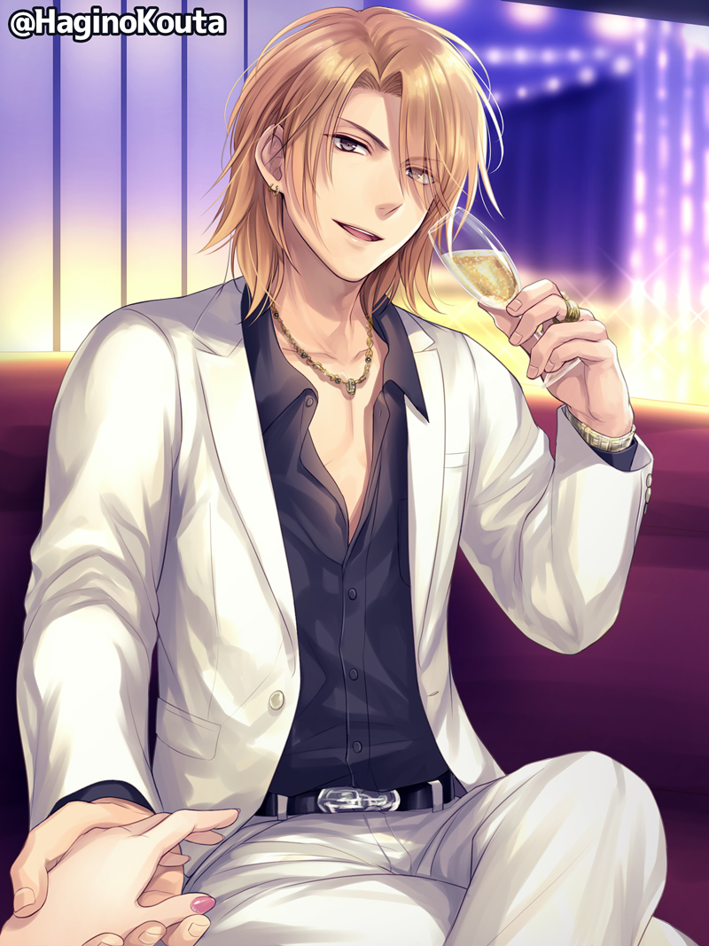 1boy 1girl alcohol bangs belt black_belt black_shirt blurry blurry_background brown_eyes champagne champagne_flute collarbone collared_shirt commission couch crossed_legs cup depth_of_field dress_shirt drinking_glass earrings formal hagino_kouta holding holding_cup indoors jacket jewelry light_brown_hair long_sleeves looking_at_viewer male_focus nail_polish on_couch open_clothes open_jacket original out_of_frame pants parted_bangs parted_lips pink_nails shirt sitting skeb_commission smile solo_focus suit teeth twitter_username upper_teeth white_jacket white_pants