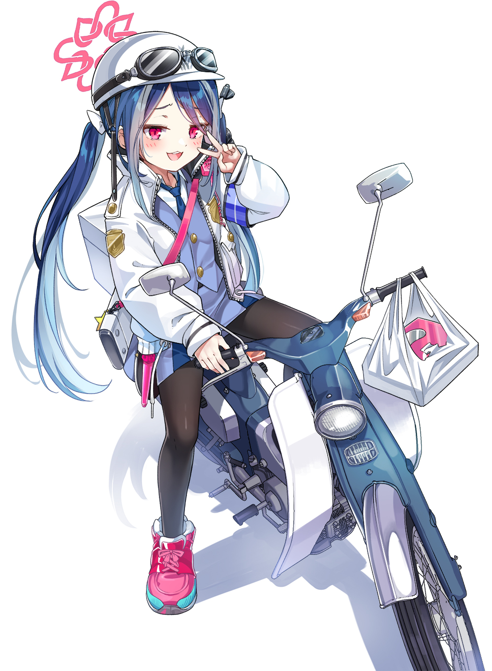 1girl :d bangs black_legwear blue_archive blue_hair blush collared_shirt eyebrows_visible_through_hair fang fingerless_gloves fubuki_(blue_archive) full_body gloves goggles goggles_on_head ground_vehicle hat highres holding jacket konnyaku_(kk-monmon) long_hair long_sleeves looking_at_viewer motor_vehicle motorcycle necktie open_clothes open_mouth pantyhose red_eyes scooter shirt shoes sitting sleeves_past_wrists smile smug sneakers solo twintails v very_long_hair white_background white_jacket